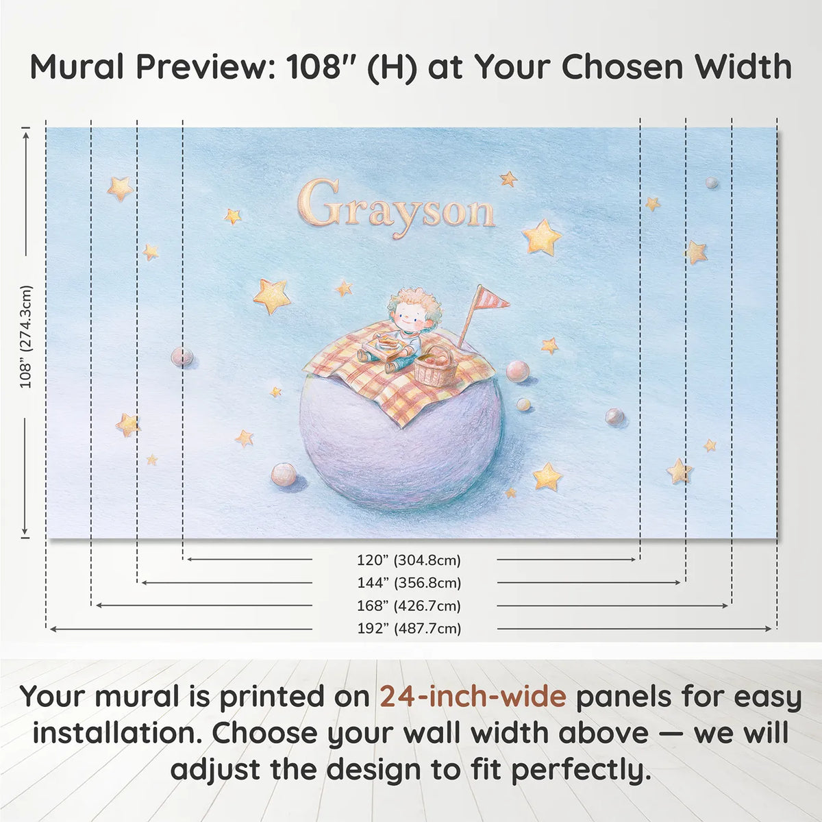 Panel layout and dimensions for Planet Picnic Adventure Personalized Wall Mural by Whimsy Tots