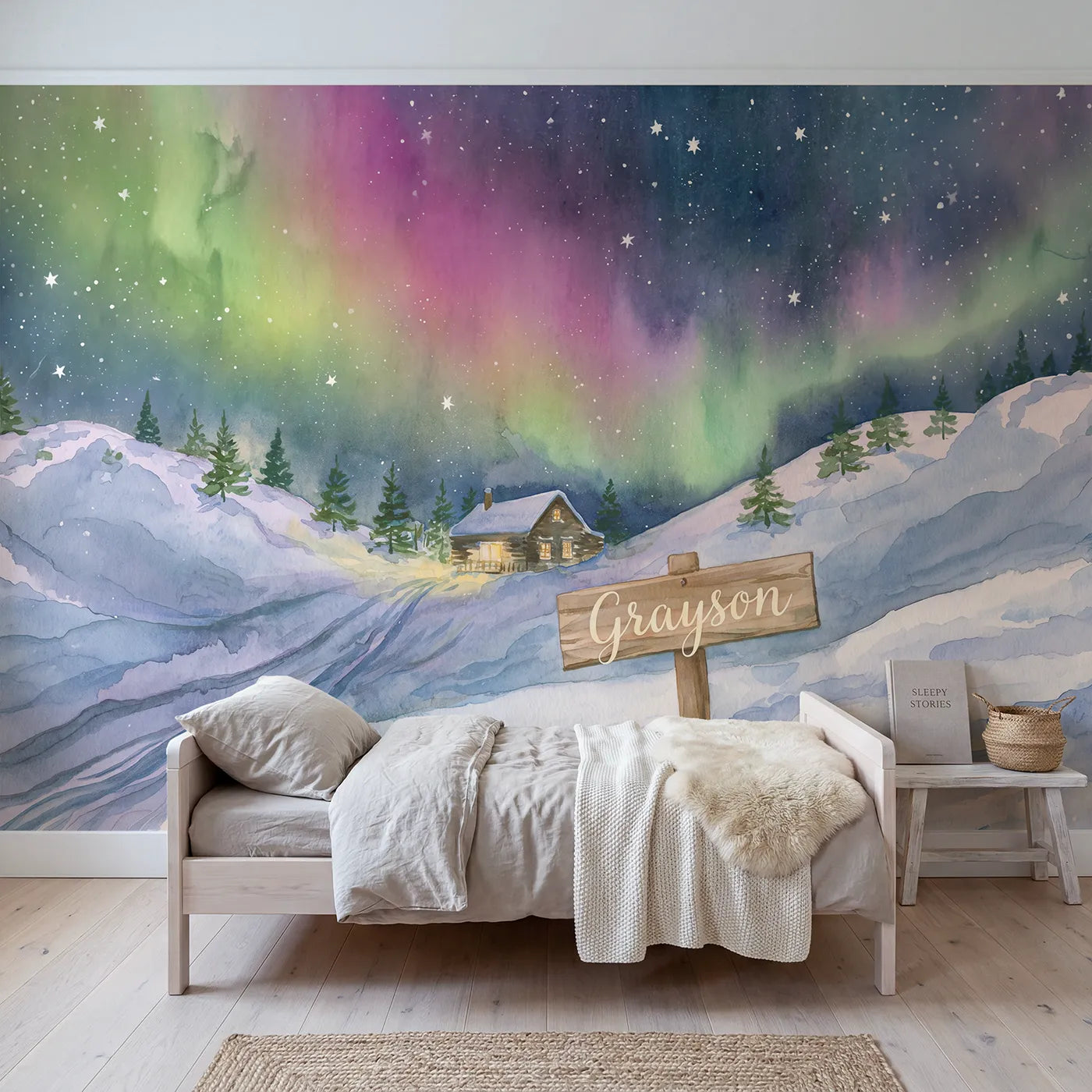 Watercolor aurora cabin personalized wall mural with name signpost by Whimsy Tots