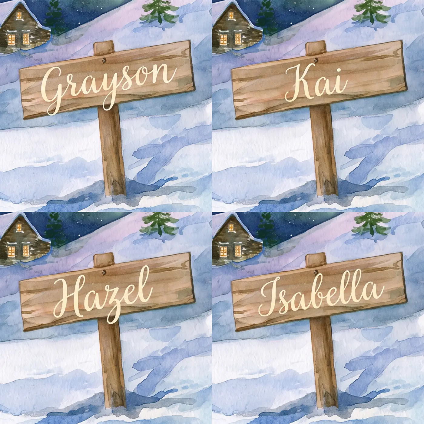 Four name preview examples of Aurora Night Sky Personalized Wall Mural by Whimsy Tots