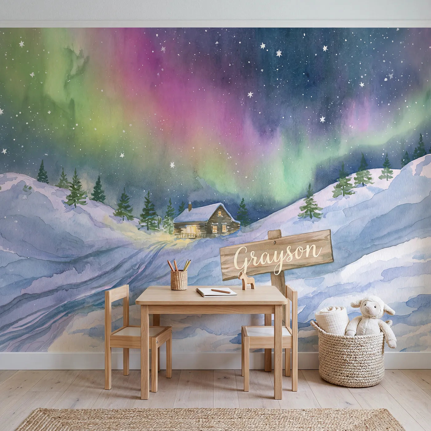 Aurora Night Sky Personalized Wall Mural in playroom setting by Whimsy Tots