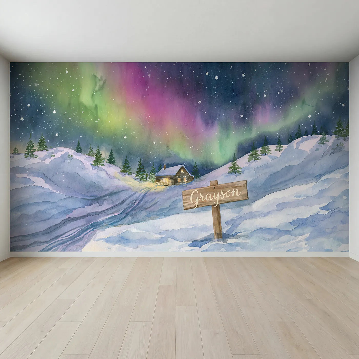 Full view of Aurora Night Sky Personalized Wall Mural by Whimsy Tots