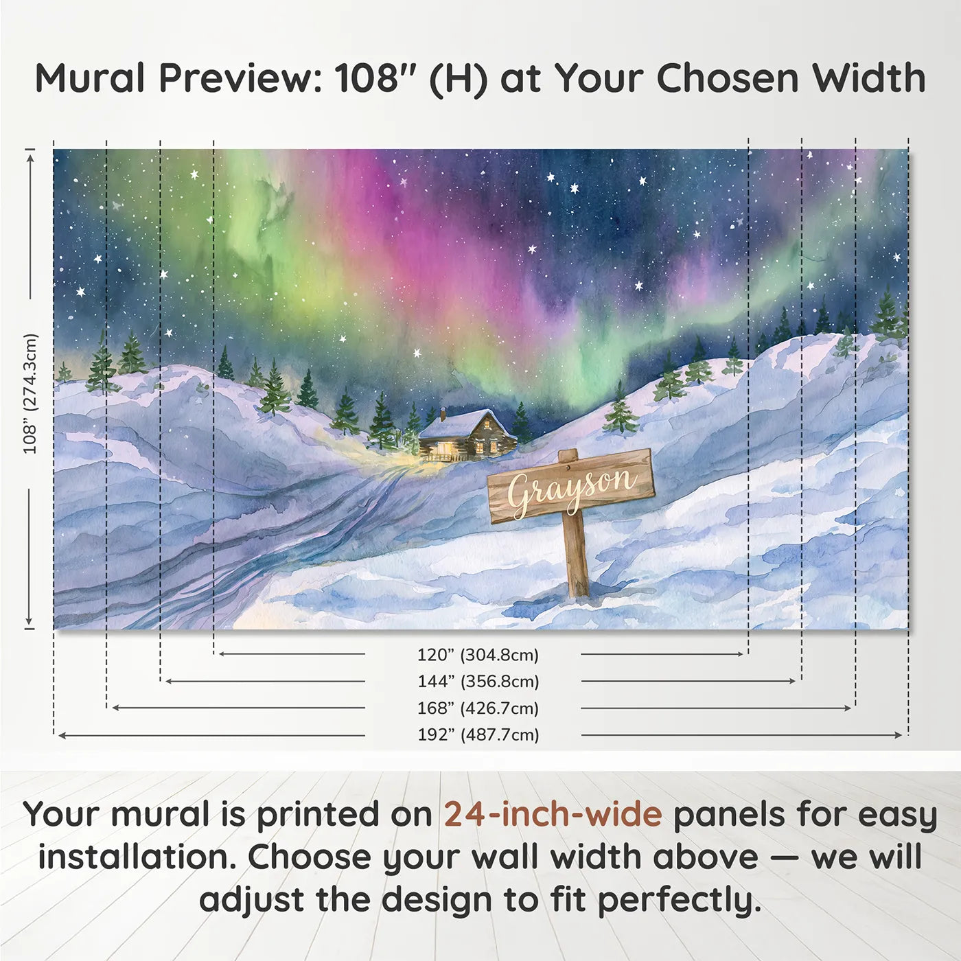 Panel layout and dimensions for Aurora Night Sky Personalized Wall Mural by Whimsy Tots