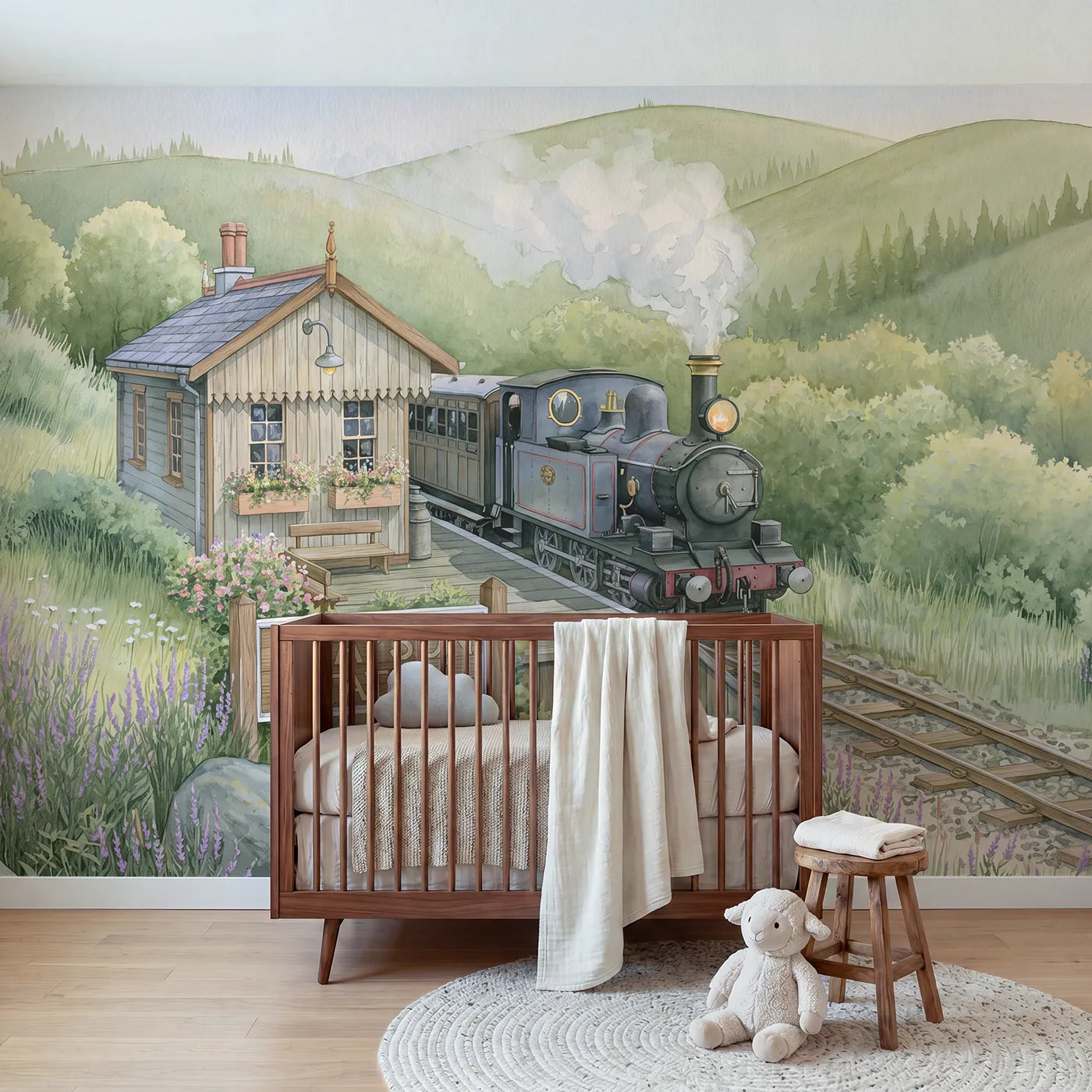 Storybook steam train personalized wall mural with platform name sign by Whimsy Tots