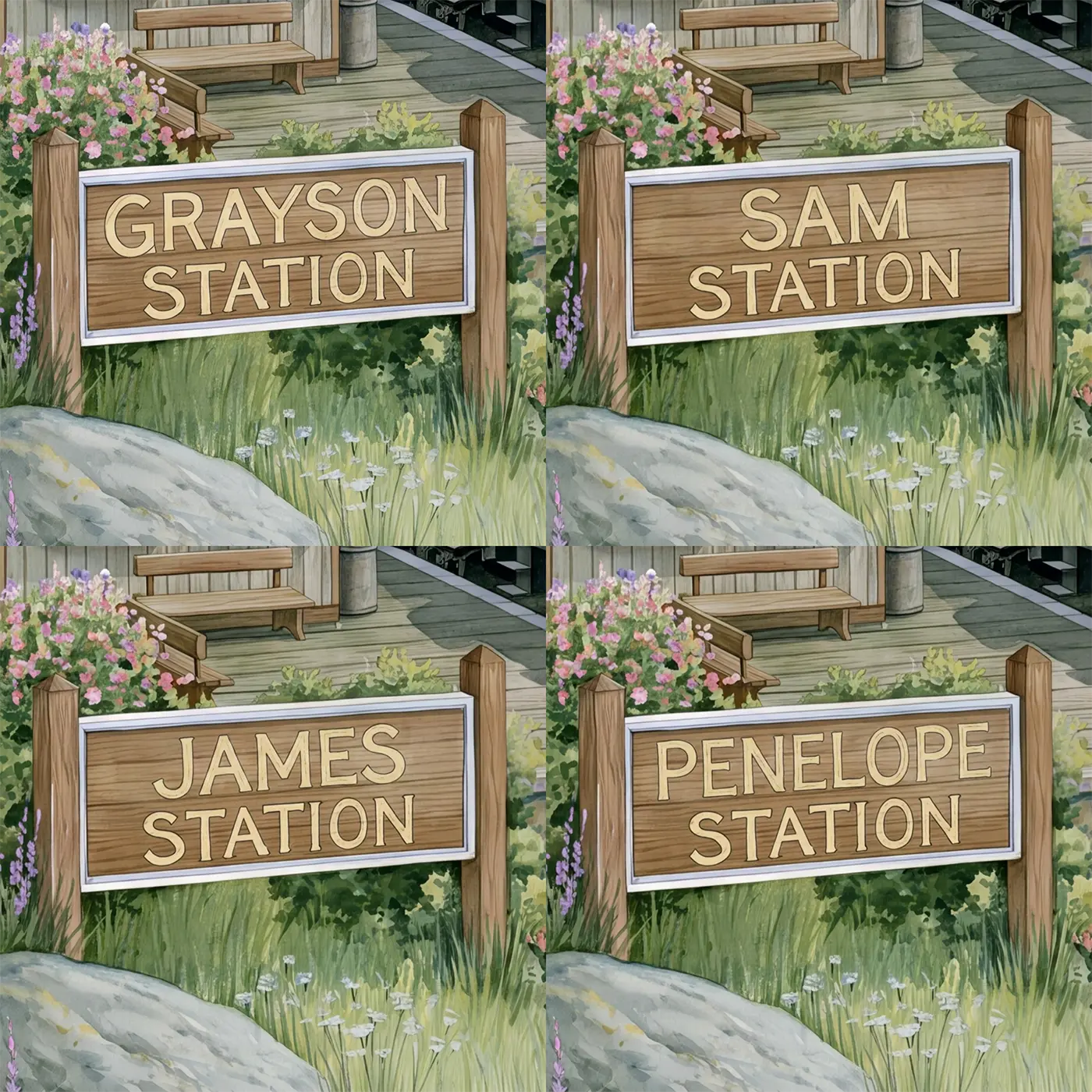 Four name preview examples of Steam Train Station Personalized Wall Mural by Whimsy Tots