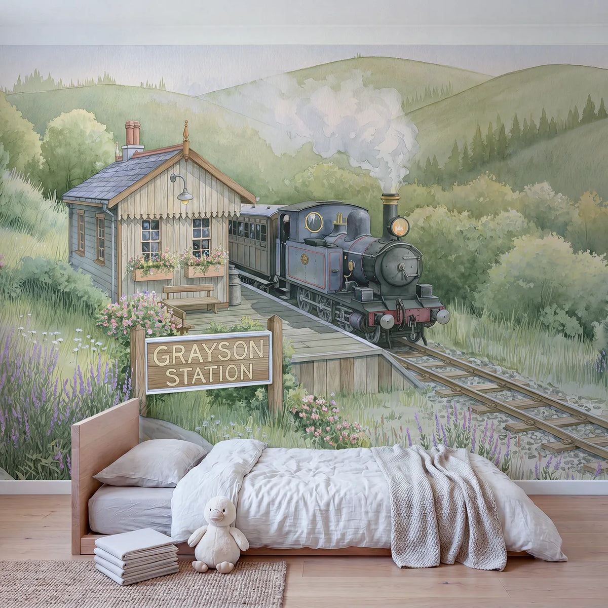 Steam Train Station Personalized Wall Mural in playroom setting by Whimsy Tots
