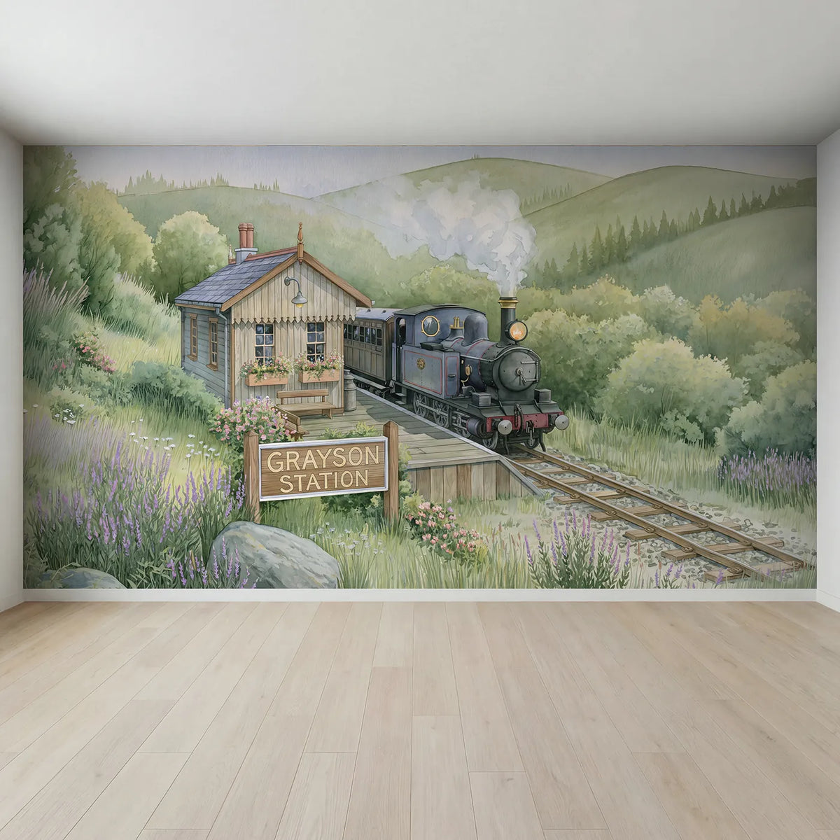Full view of Steam Train Station Personalized Wall Mural by Whimsy Tots