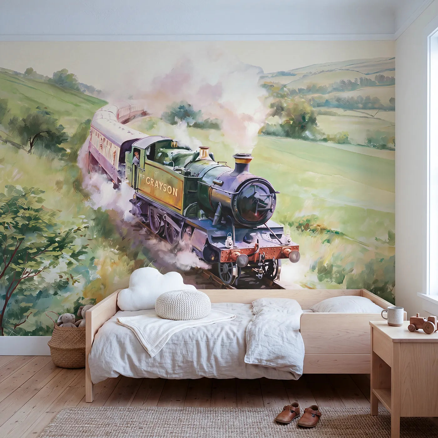 Watercolor steam locomotive personalized wall mural with brass nameplate for bedroom by Whimsy Tots