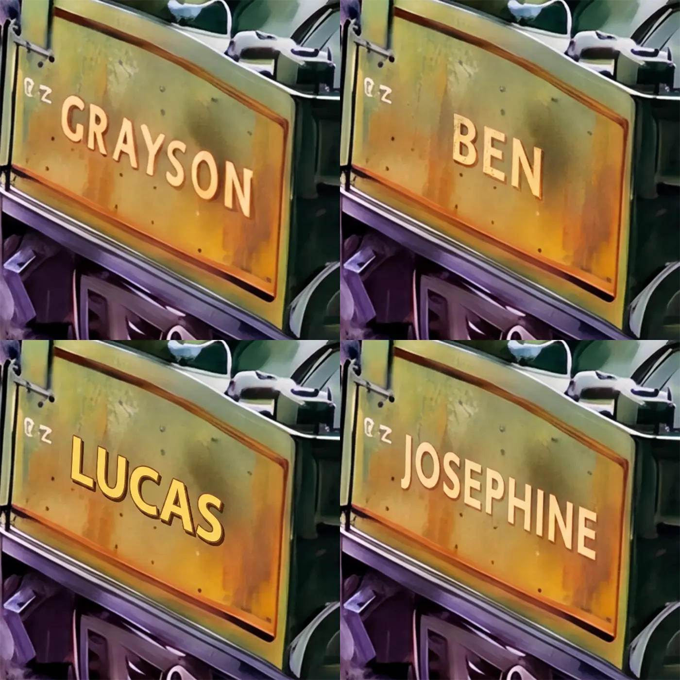Four name preview examples of Vintage Steam Locomotive Personalized Wall Mural by Whimsy Tots