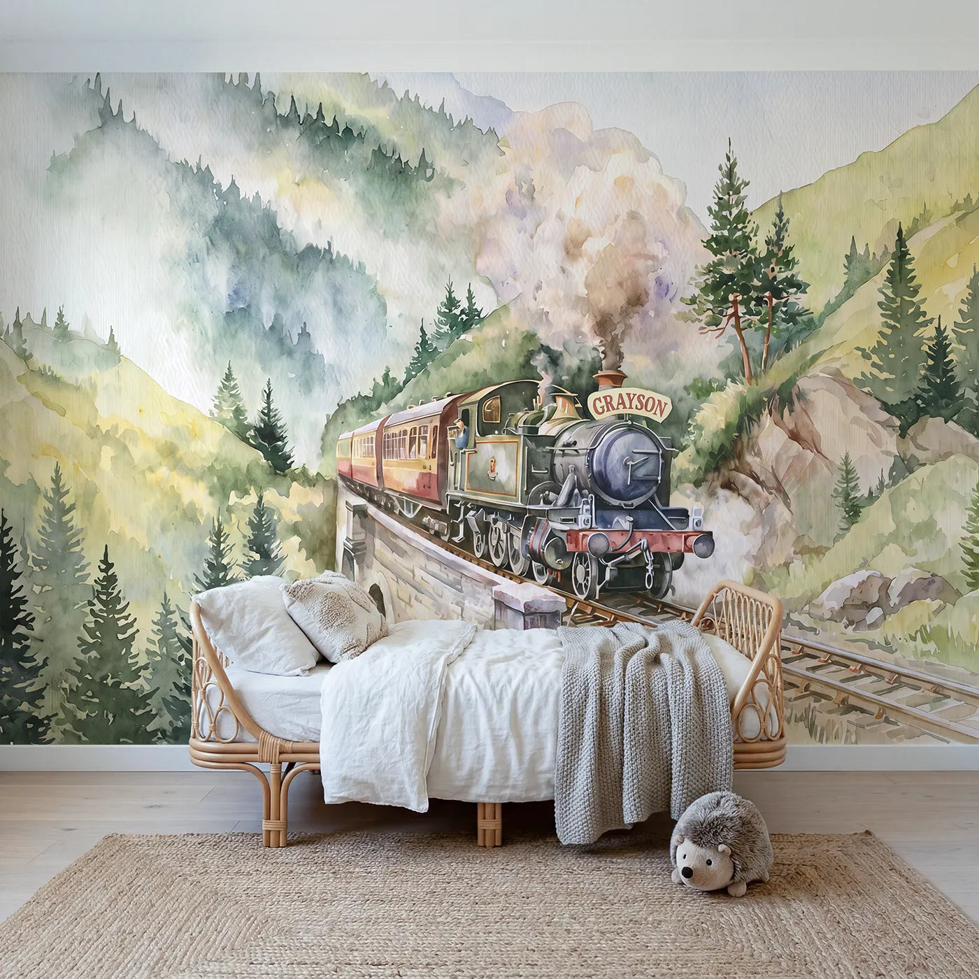 Watercolor viaduct train personalized wall mural with headboard name for kids room by Whimsy Tots