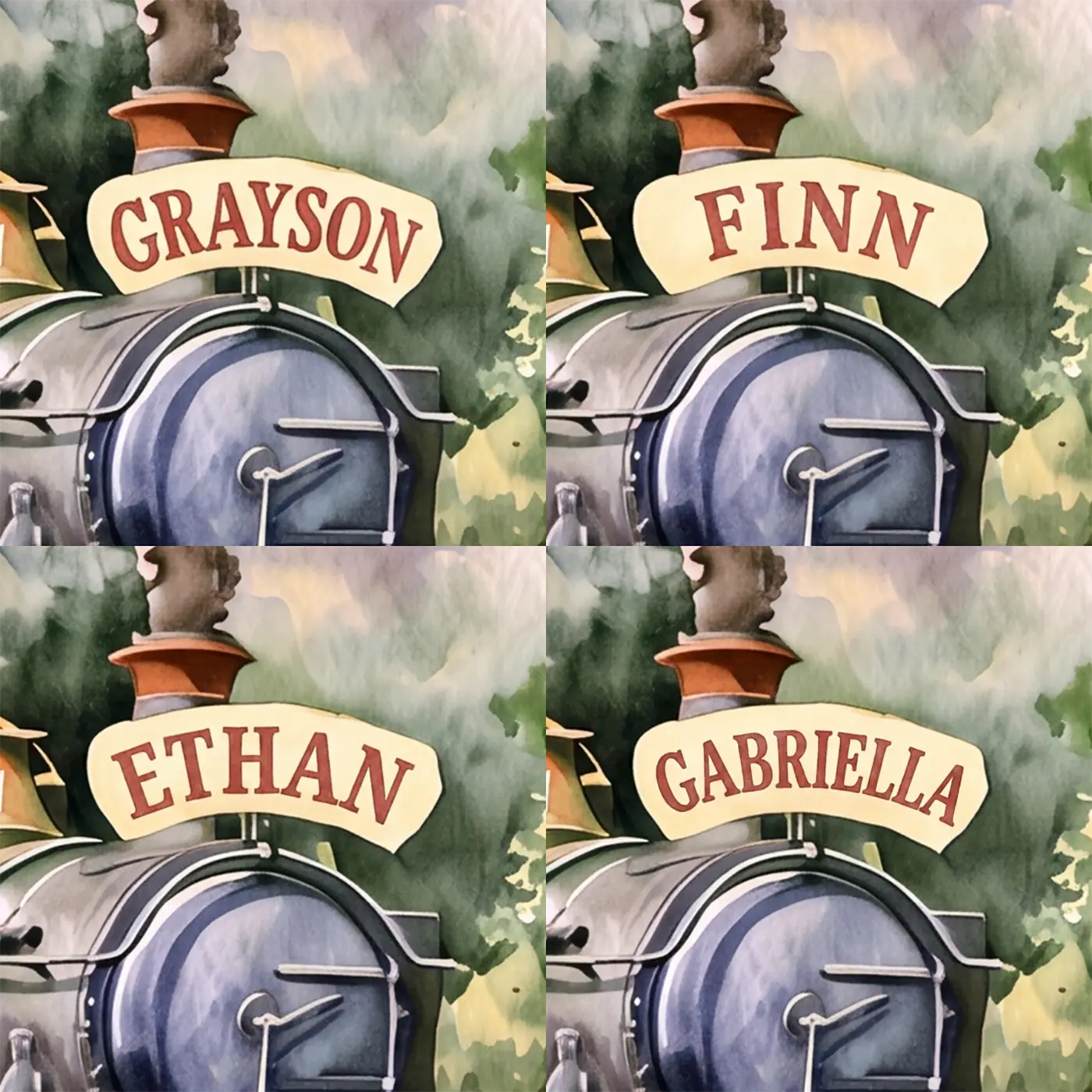 Four name preview examples of Mountain Railway Viaduct Personalized Wall Mural by Whimsy Tots