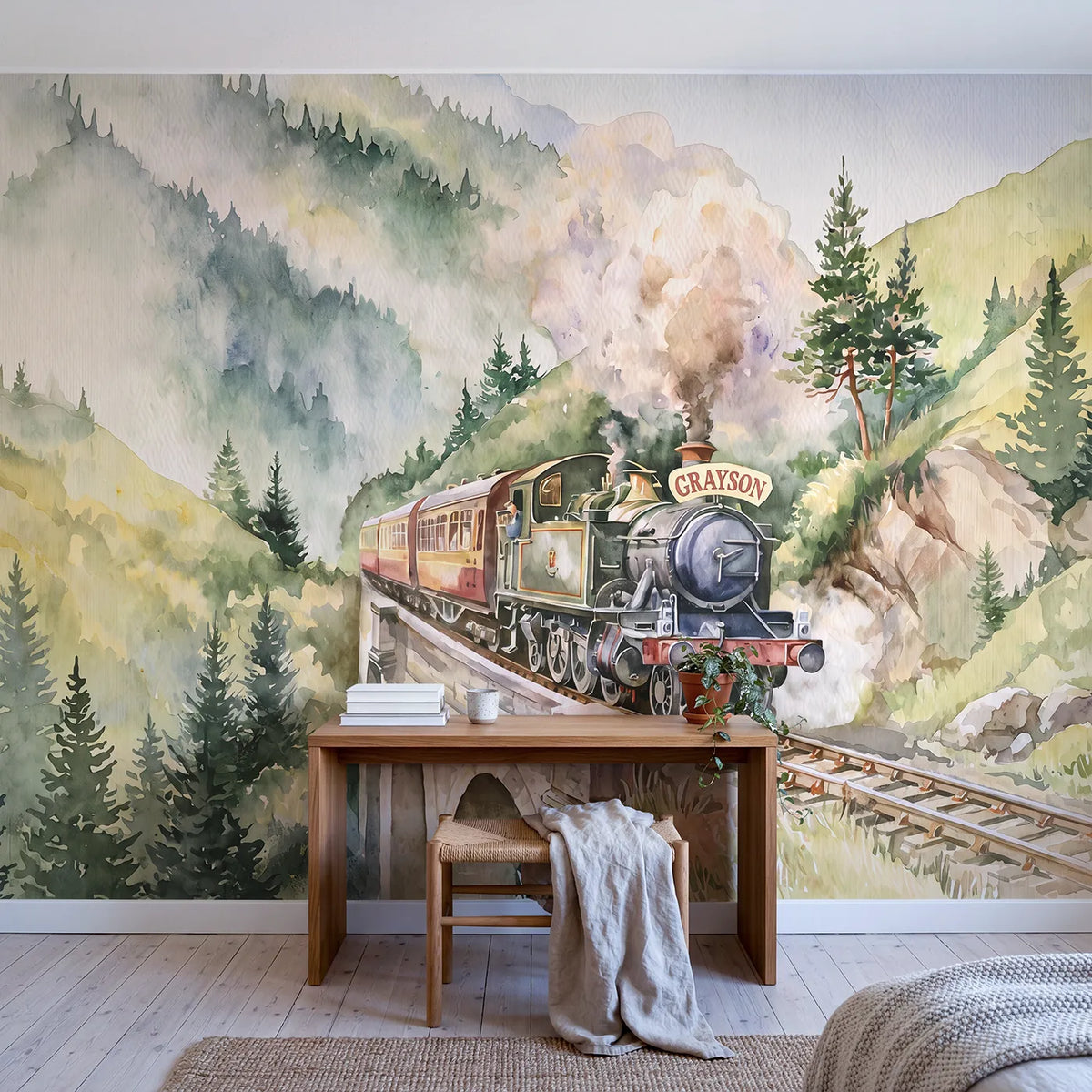 Mountain Railway Viaduct Personalized Wall Mural in playroom setting by Whimsy Tots