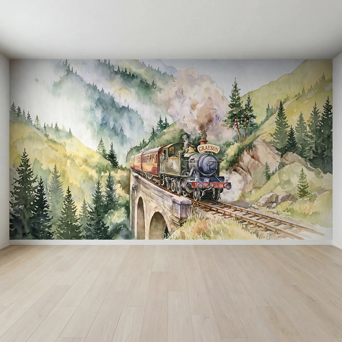 Full view of Mountain Railway Viaduct Personalized Wall Mural by Whimsy Tots