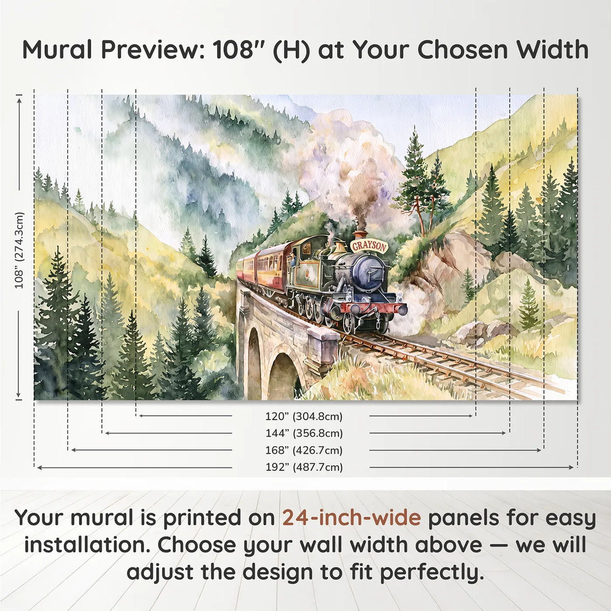 Panel layout and dimensions for Mountain Railway Viaduct Personalized Wall Mural by Whimsy Tots