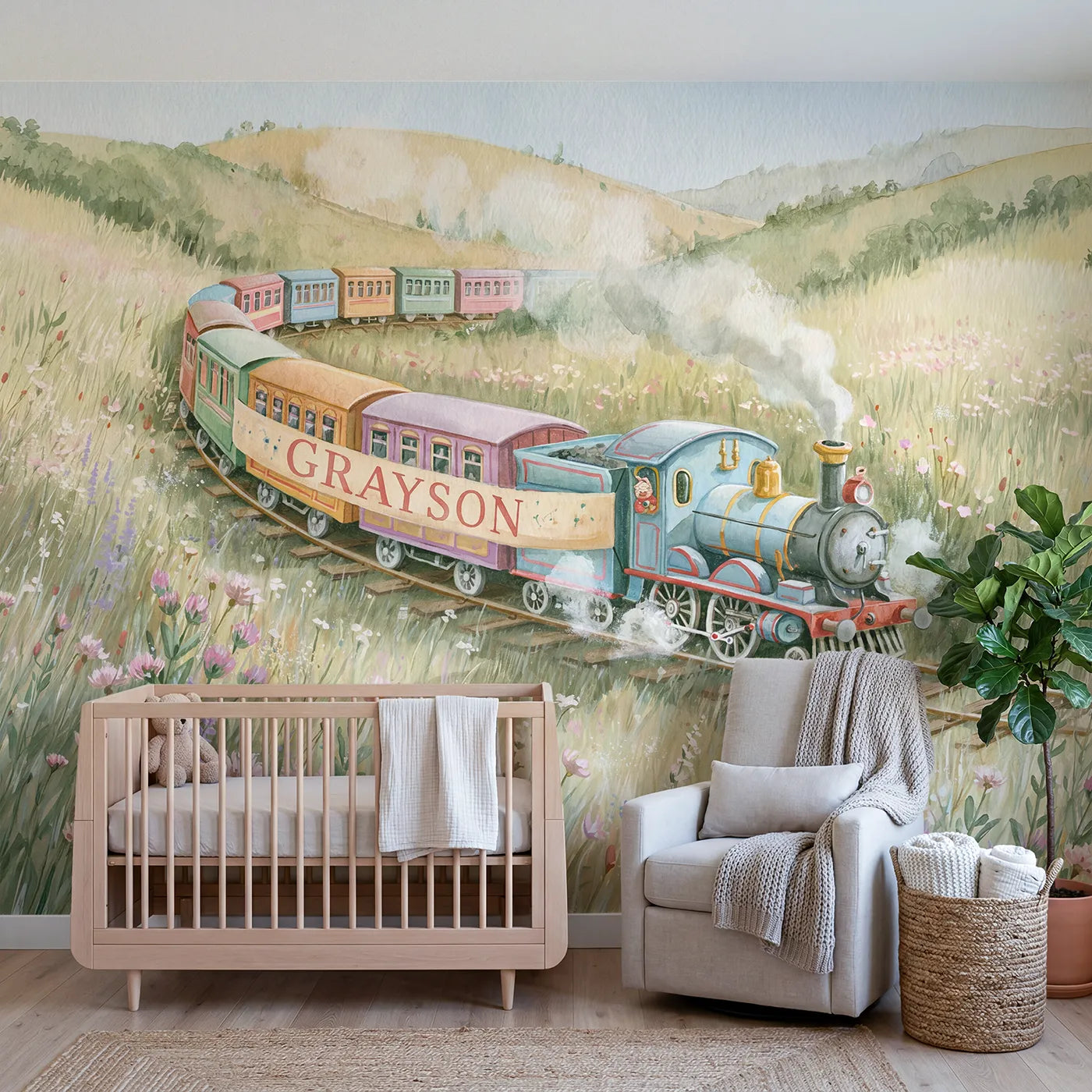 Storybook colorful train personalized wall mural with name banner for playroom by Whimsy Tots