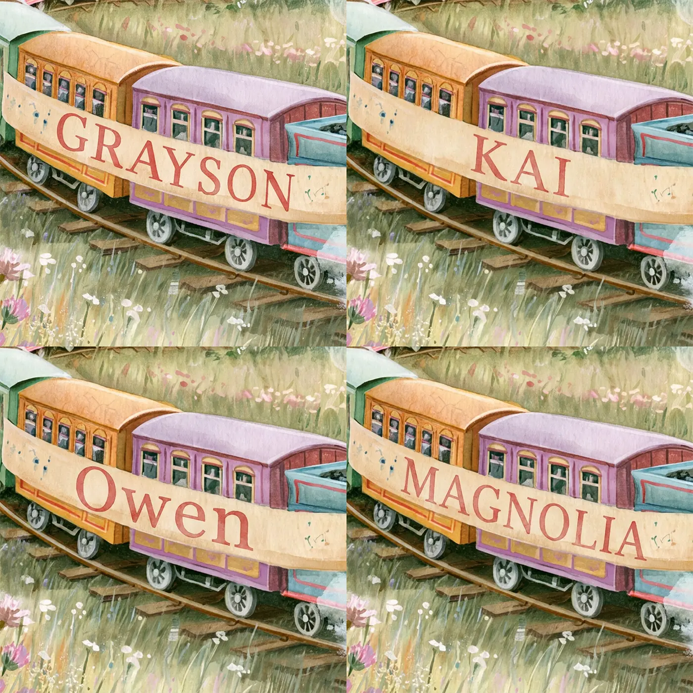Four name preview examples of Colorful Carriage Train Personalized Wall Mural by Whimsy Tots