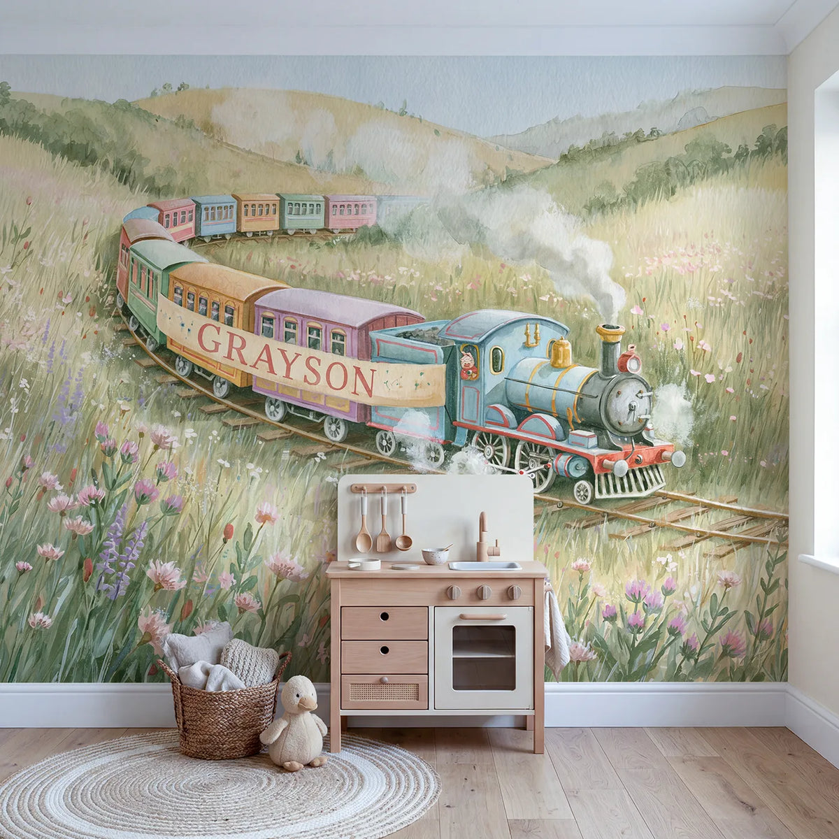 Colorful Carriage Train Personalized Wall Mural in playroom setting by Whimsy Tots