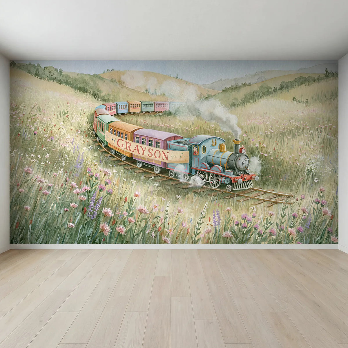 Full view of Colorful Carriage Train Personalized Wall Mural by Whimsy Tots