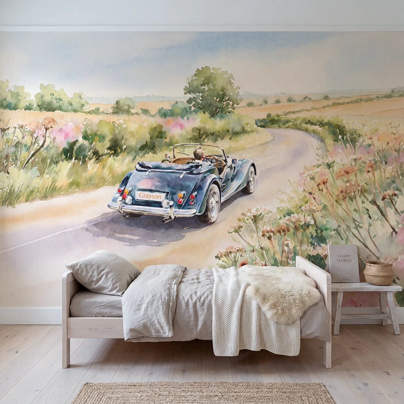 Watercolor vintage roadster personalized wall mural with plate name by Whimsy Tots