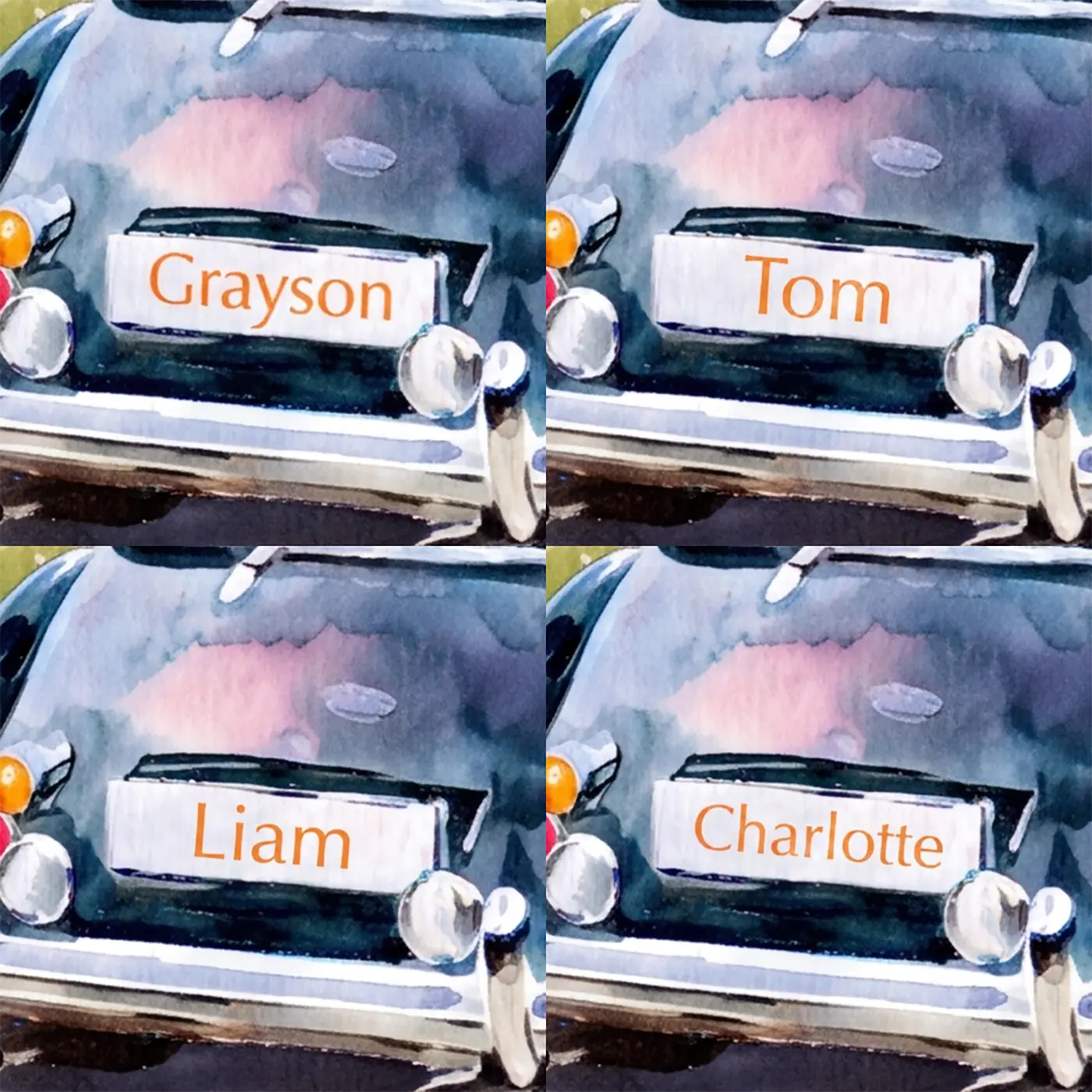 Four name preview examples of Vintage Roadster Lane Personalized Wall Mural by Whimsy Tots