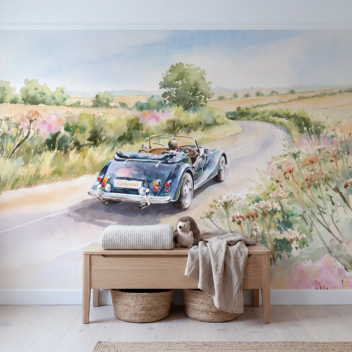 Vintage Roadster Lane Personalized Wall Mural in playroom setting by Whimsy Tots