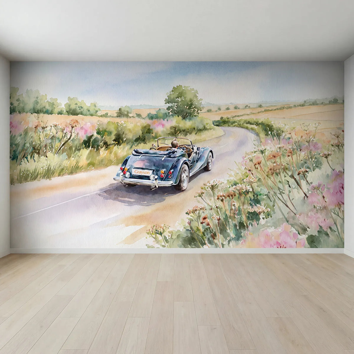 Full view of Vintage Roadster Lane Personalized Wall Mural by Whimsy Tots