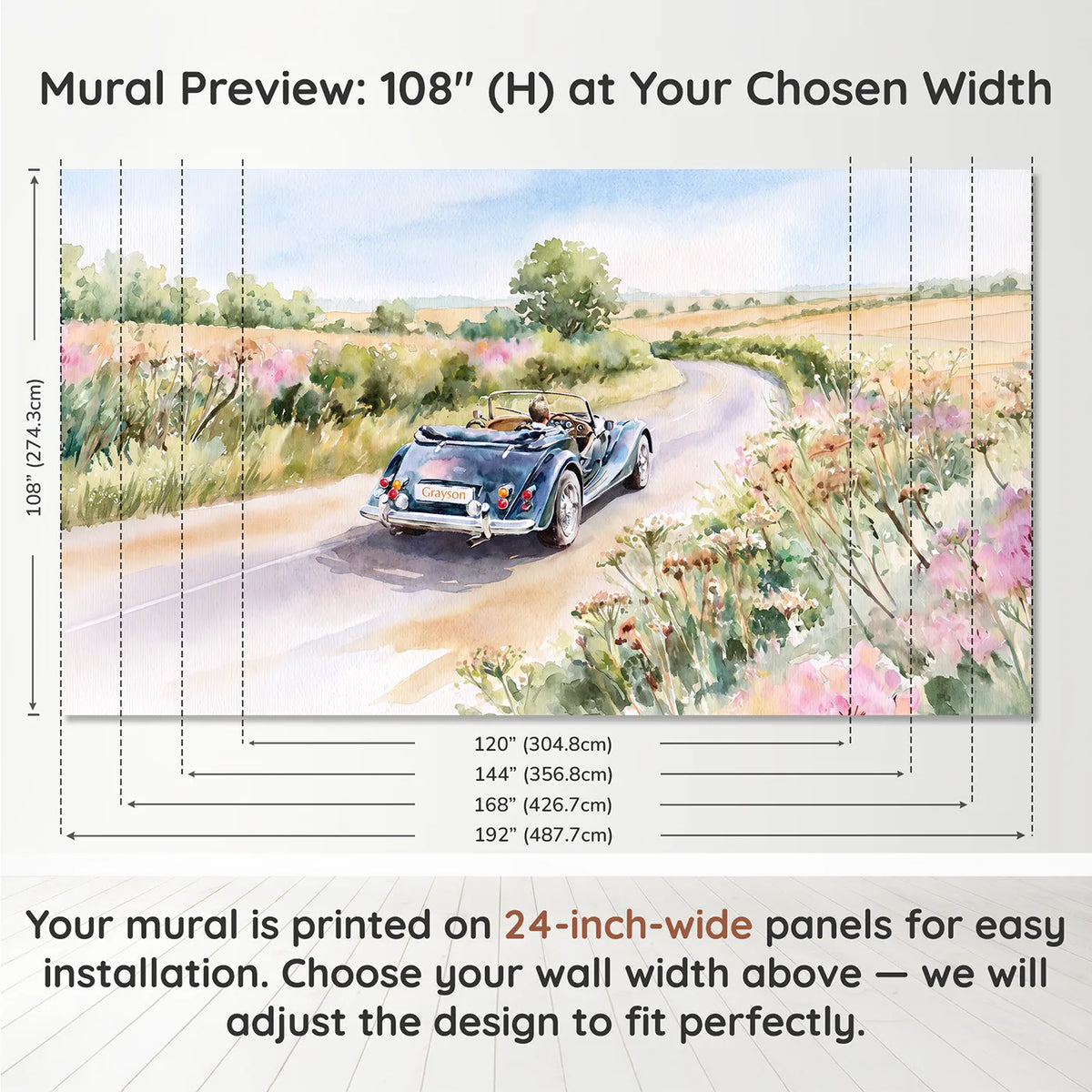 Panel layout and dimensions for Vintage Roadster Lane Personalized Wall Mural by Whimsy Tots