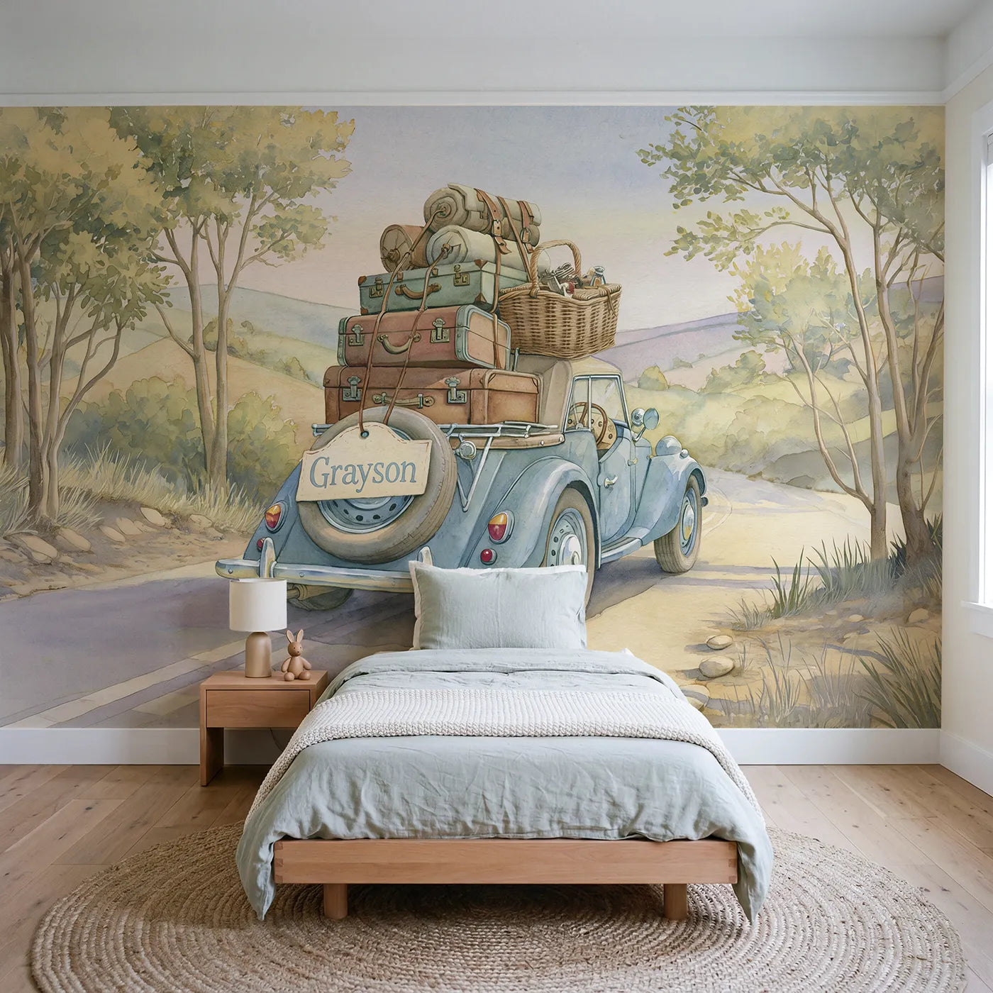 Storybook road trip car personalized wall mural with luggage tag name for bedroom by Whimsy Tots