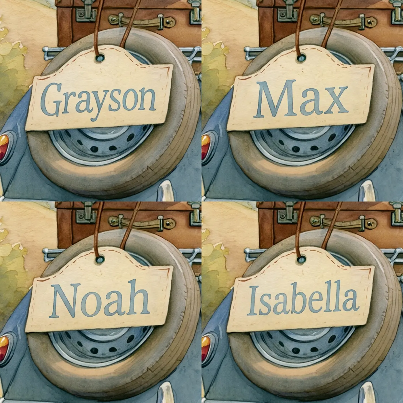 Four name preview examples of Vintage Car Journey Personalized Wall Mural by Whimsy Tots