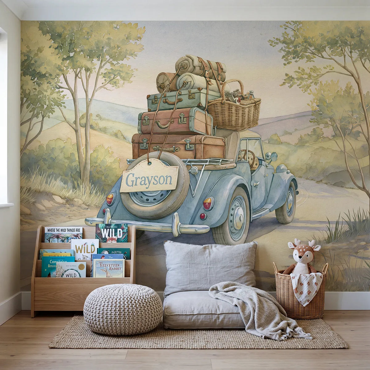Vintage Car Journey Personalized Wall Mural in playroom setting by Whimsy Tots