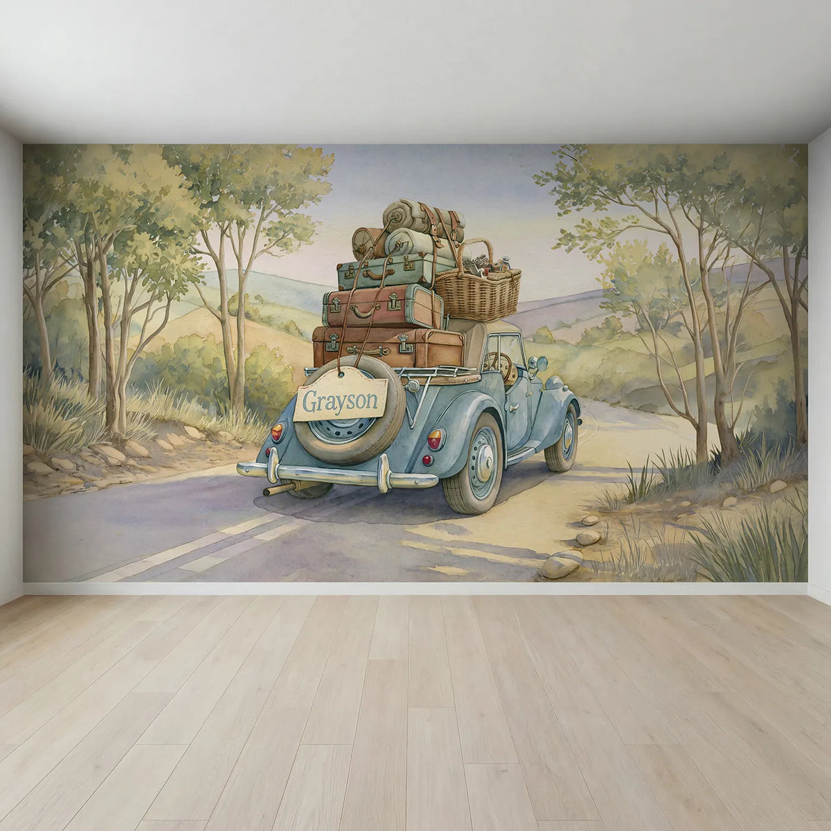 Full view of Vintage Car Journey Personalized Wall Mural by Whimsy Tots