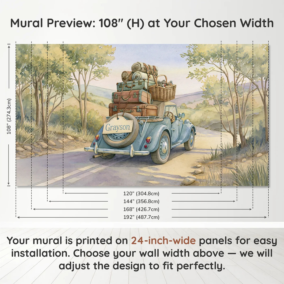 Panel layout and dimensions for Vintage Car Journey Personalized Wall Mural by Whimsy Tots