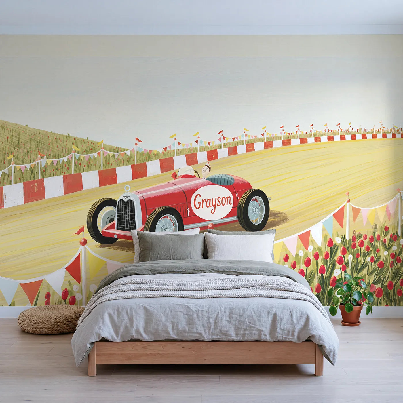 Modern Illustration race car personalized wall mural with roundel name for playroom by Whimsy Tots