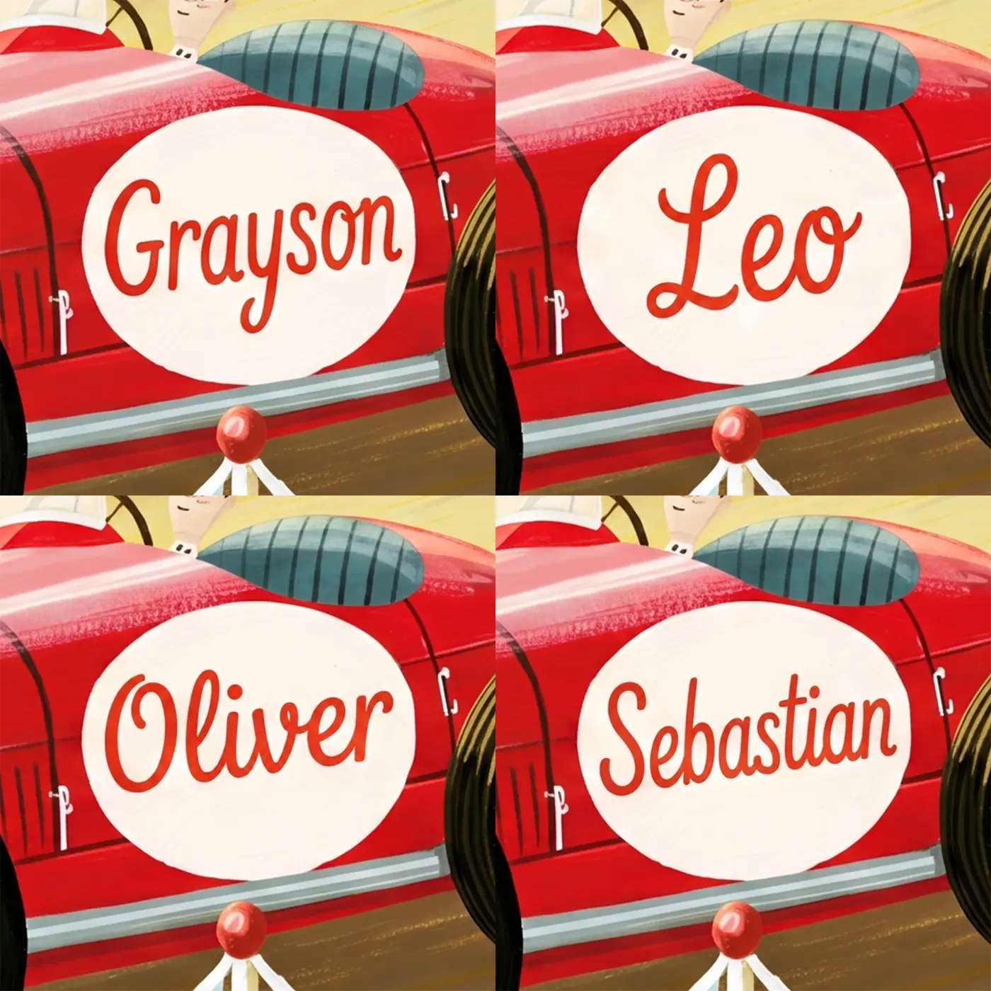 Four name preview examples of Vintage Race Car Personalized Wall Mural by Whimsy Tots