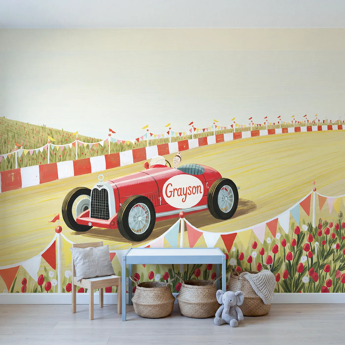 Vintage Race Car Personalized Wall Mural in playroom setting by Whimsy Tots