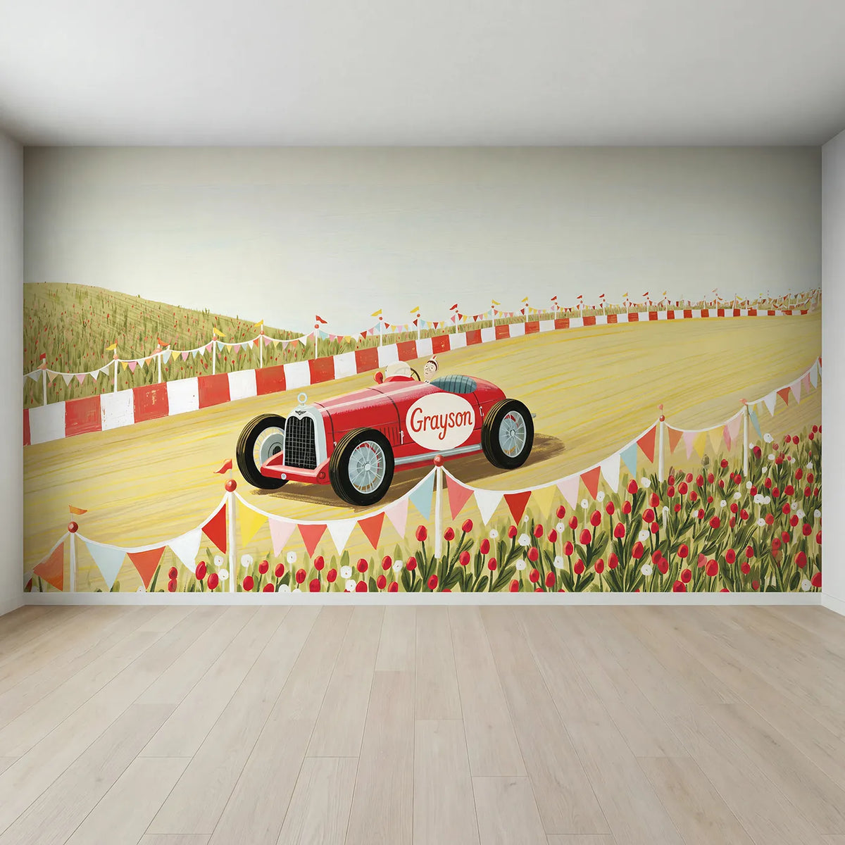 Full view of Vintage Race Car Personalized Wall Mural by Whimsy Tots