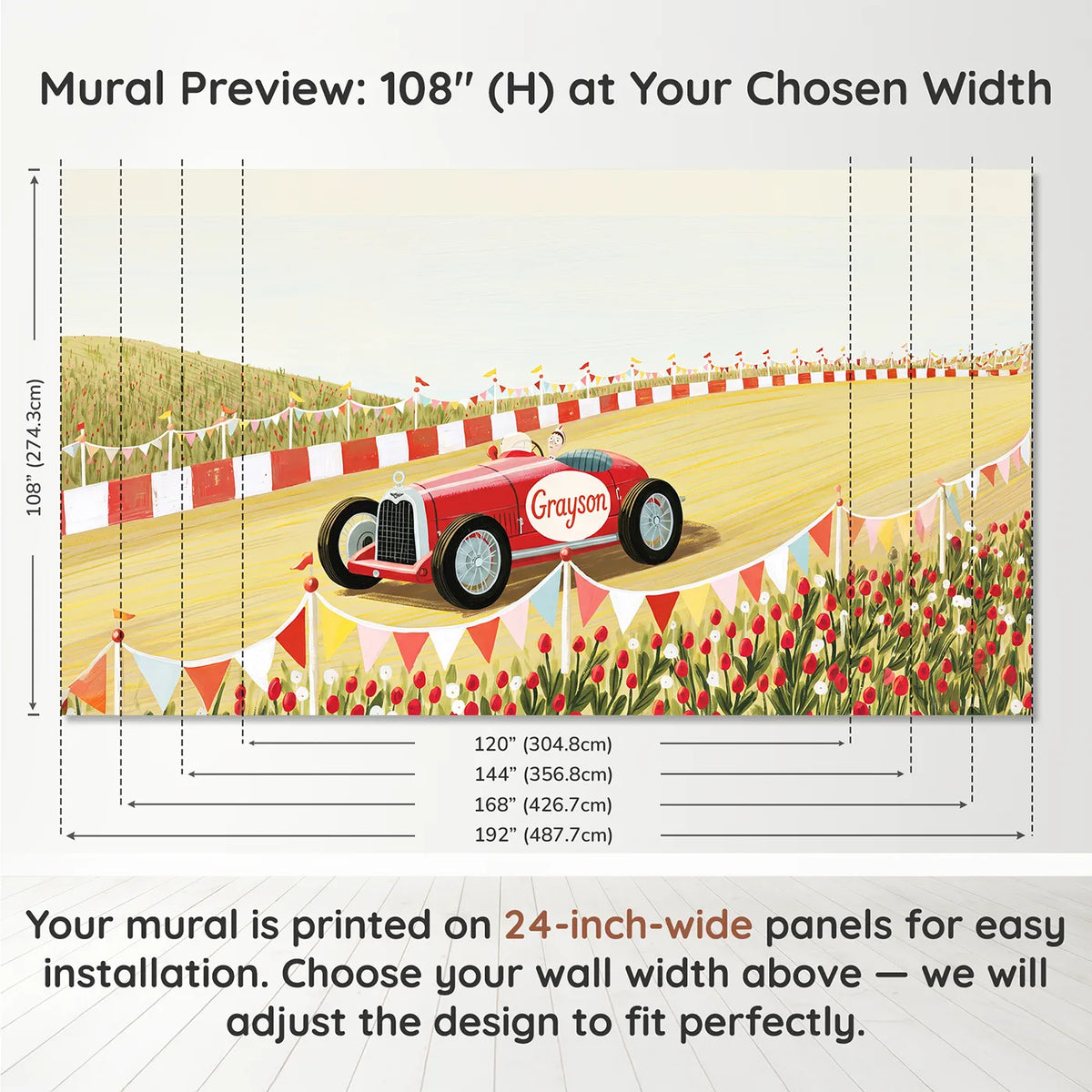 Panel layout and dimensions for Vintage Race Car Personalized Wall Mural by Whimsy Tots