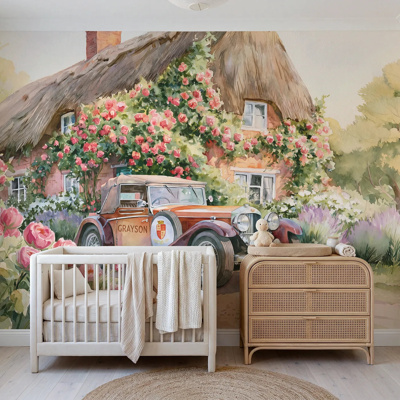 Watercolor car and rose cottage personalized wall mural with name crest for a nursery by Whimsy Tots