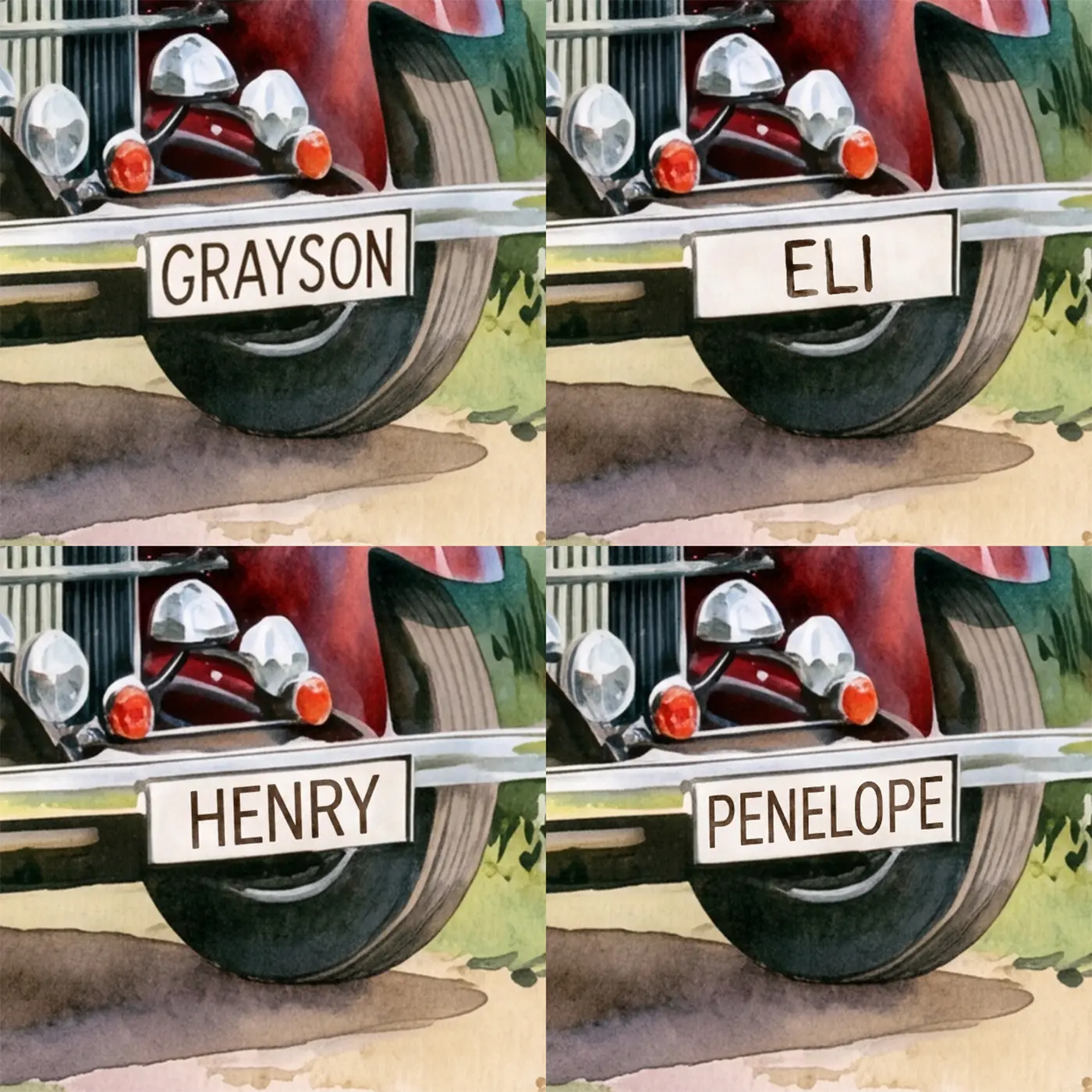 Four name preview examples of Vintage Car Cottage Personalized Wall Mural by Whimsy Tots