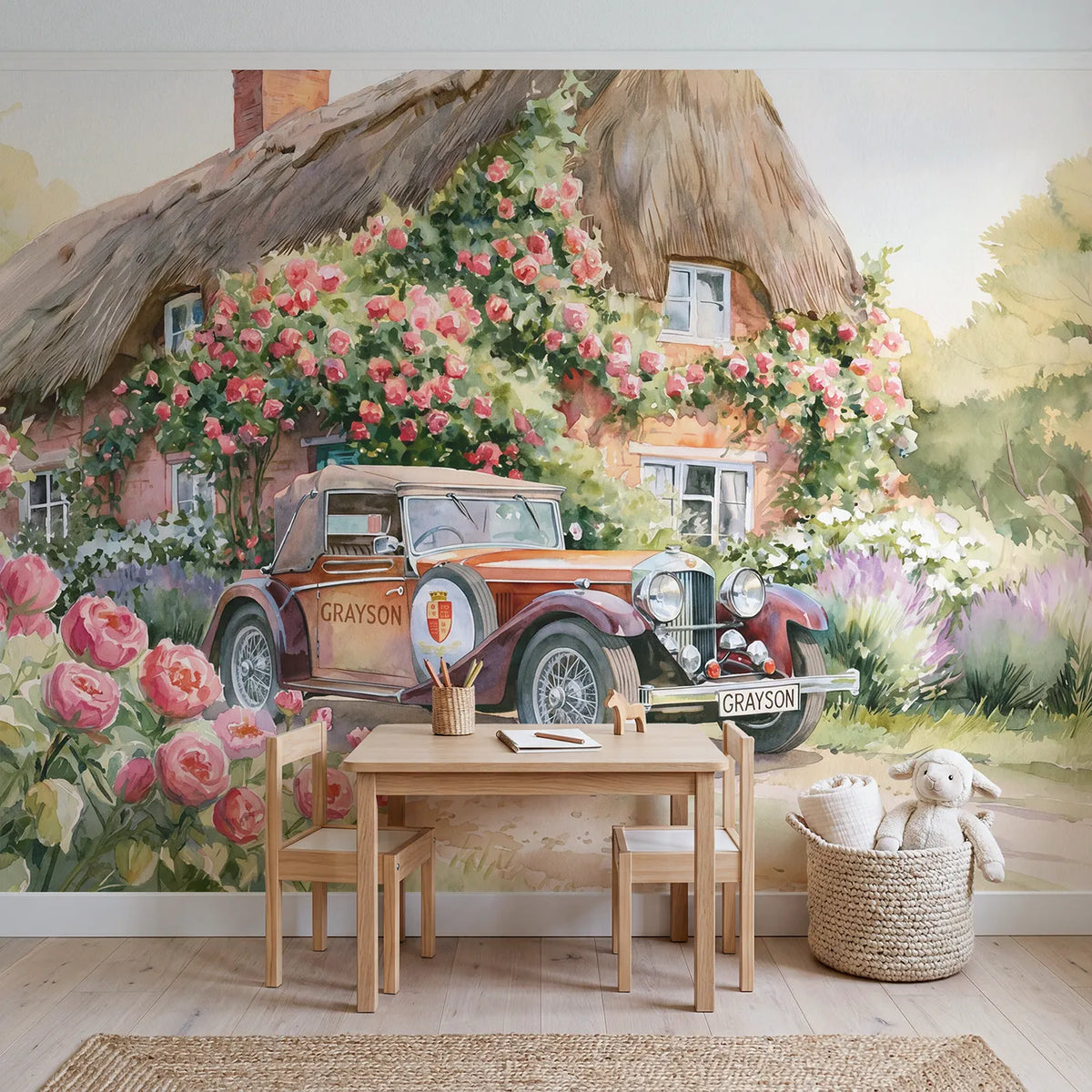 Vintage Car Cottage Personalized Wall Mural in playroom setting by Whimsy Tots