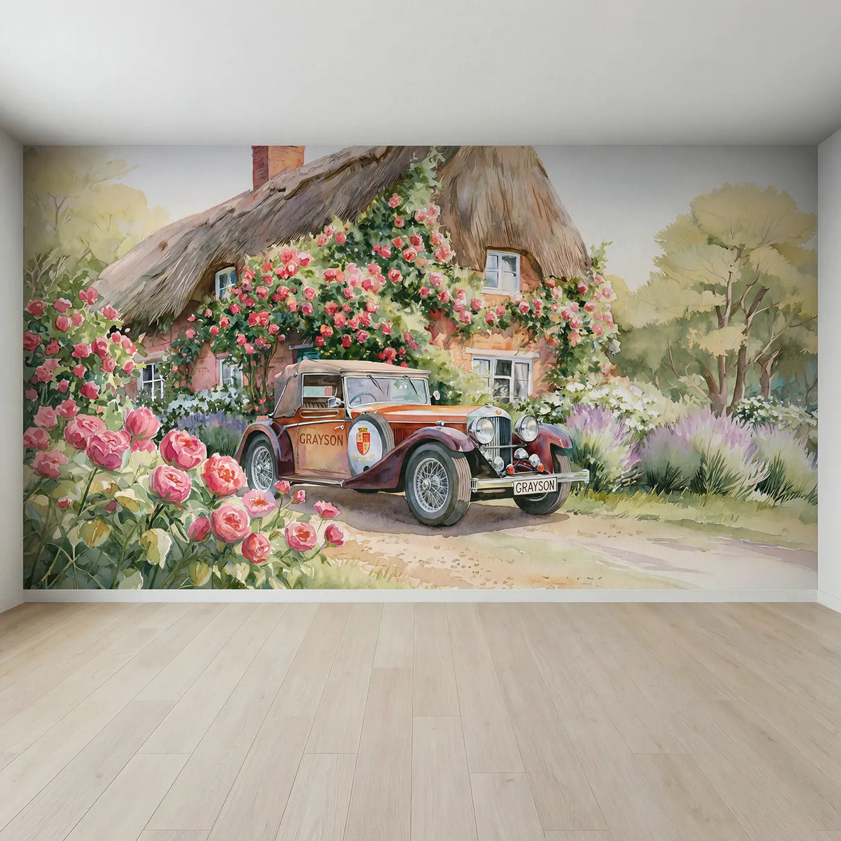Full view of Vintage Car Cottage Personalized Wall Mural by Whimsy Tots