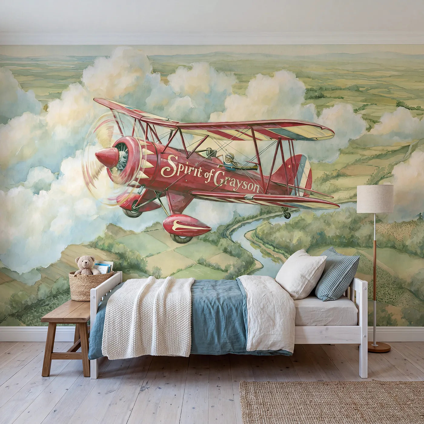 Storybook red biplane personalized wall mural with name on fuselage for a playroom by Whimsy Tots