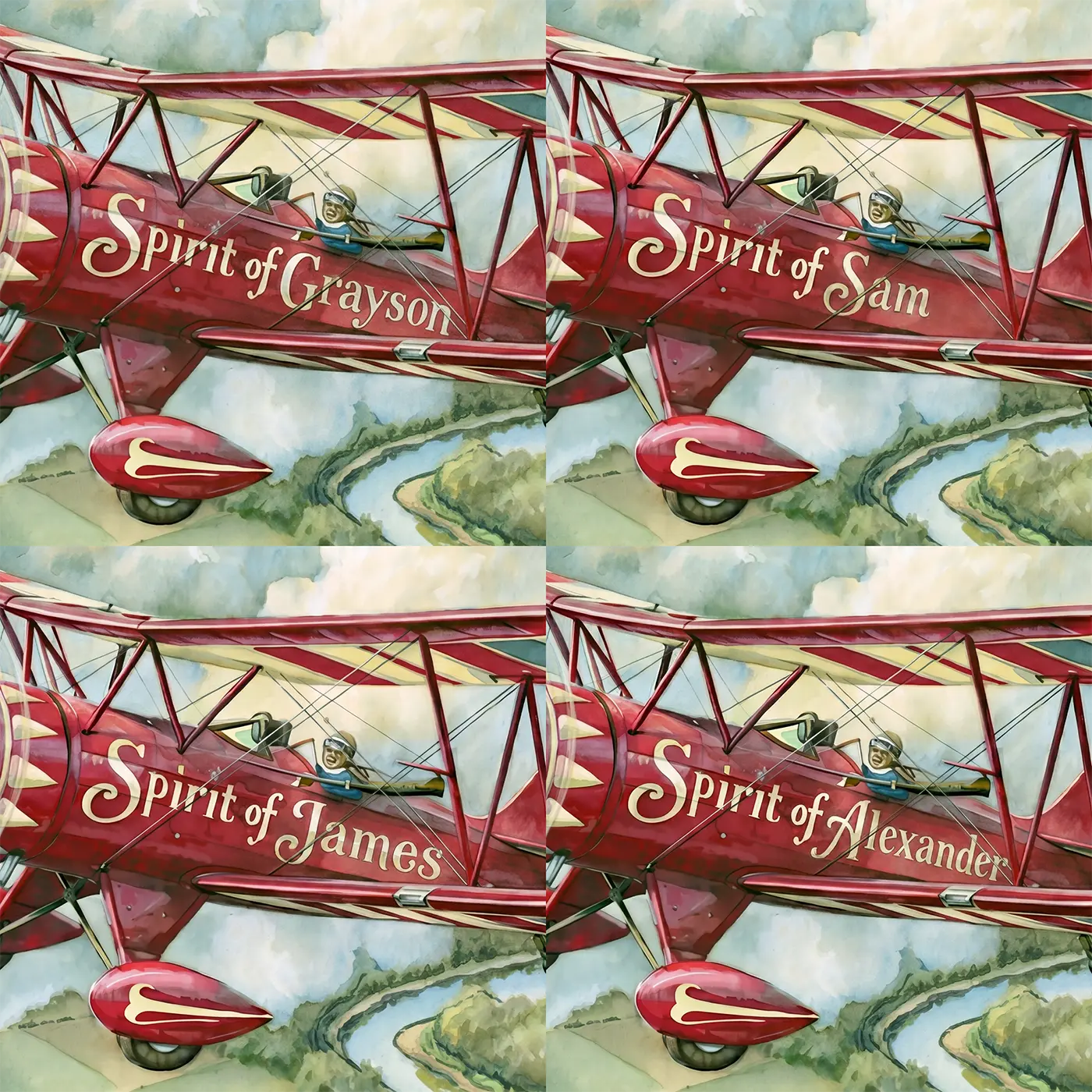 Four name preview examples of Red Biplane Flight Personalized Wall Mural by Whimsy Tots