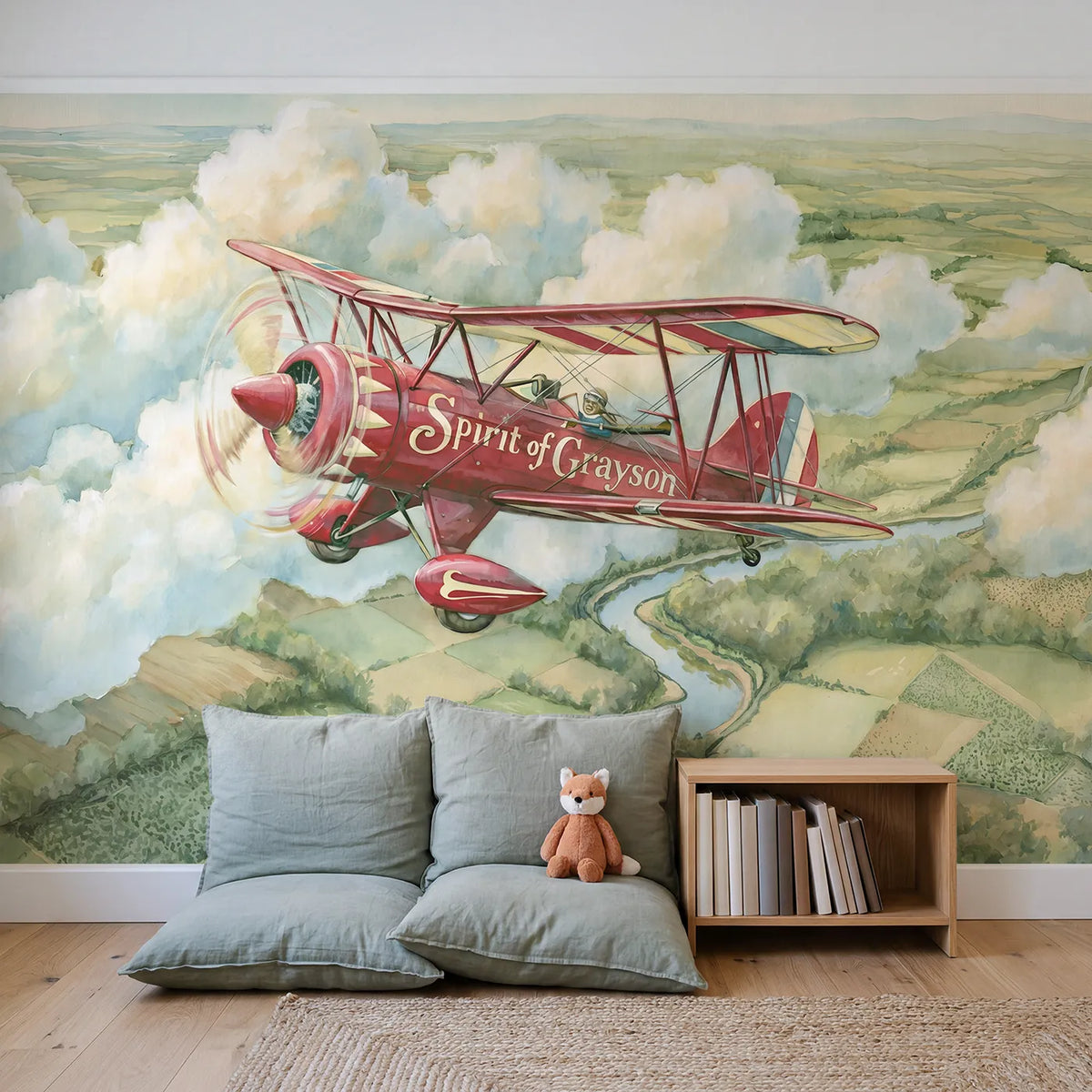 Red Biplane Flight Personalized Wall Mural in playroom setting by Whimsy Tots