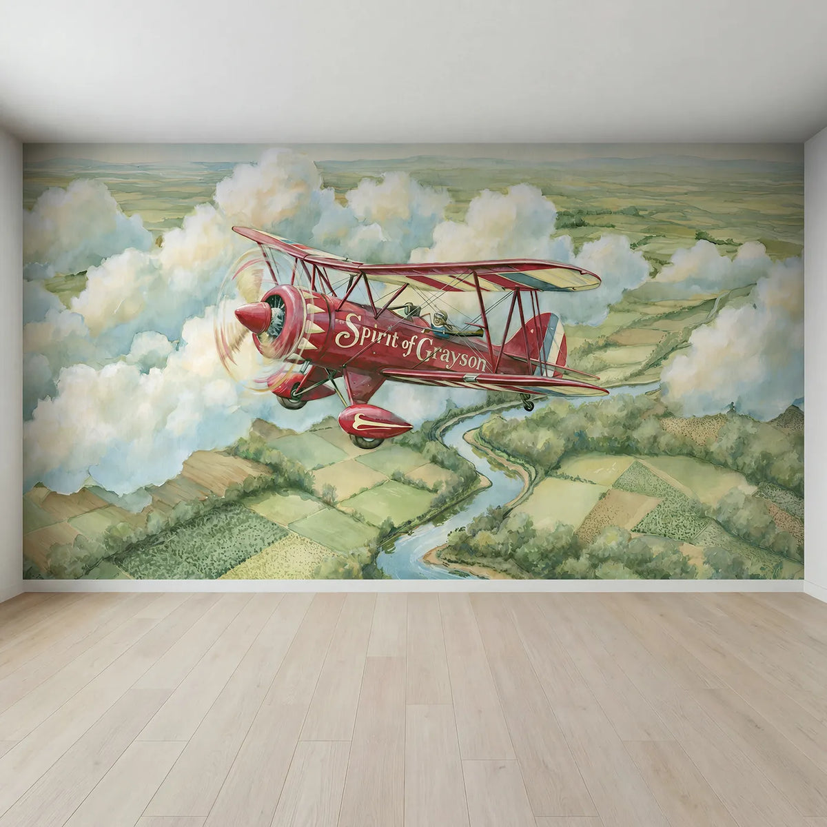 Full view of Red Biplane Flight Personalized Wall Mural by Whimsy Tots