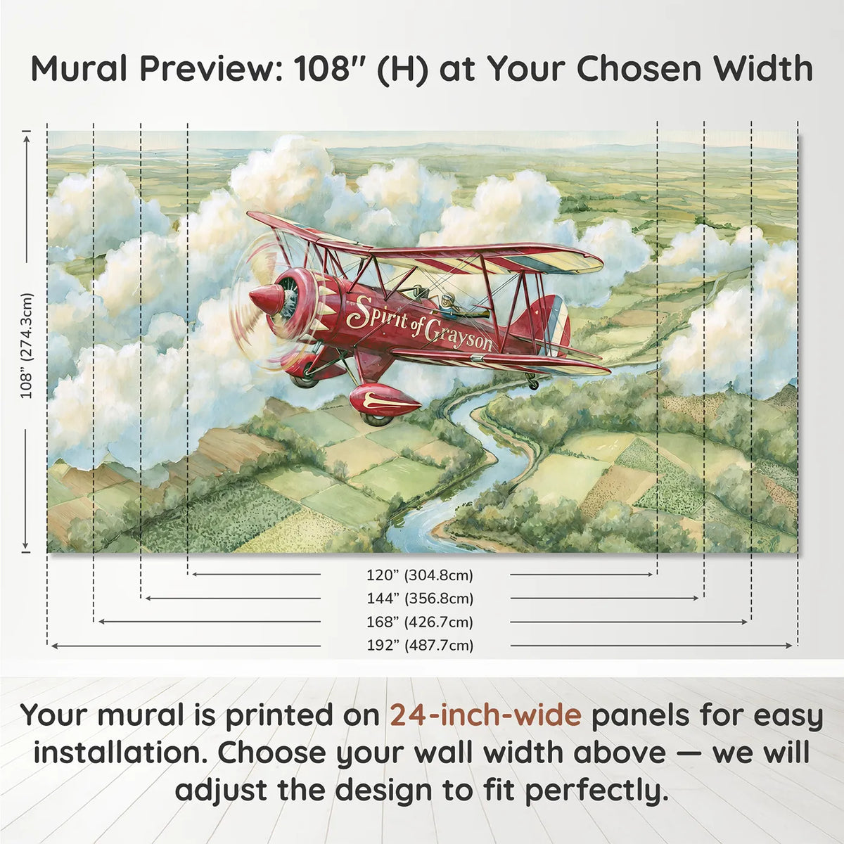 Panel layout and dimensions for Red Biplane Flight Personalized Wall Mural by Whimsy Tots