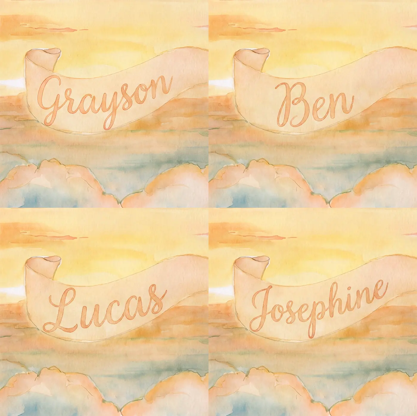 Four name preview examples of Sunset Plane Banner Personalized Wall Mural by Whimsy Tots