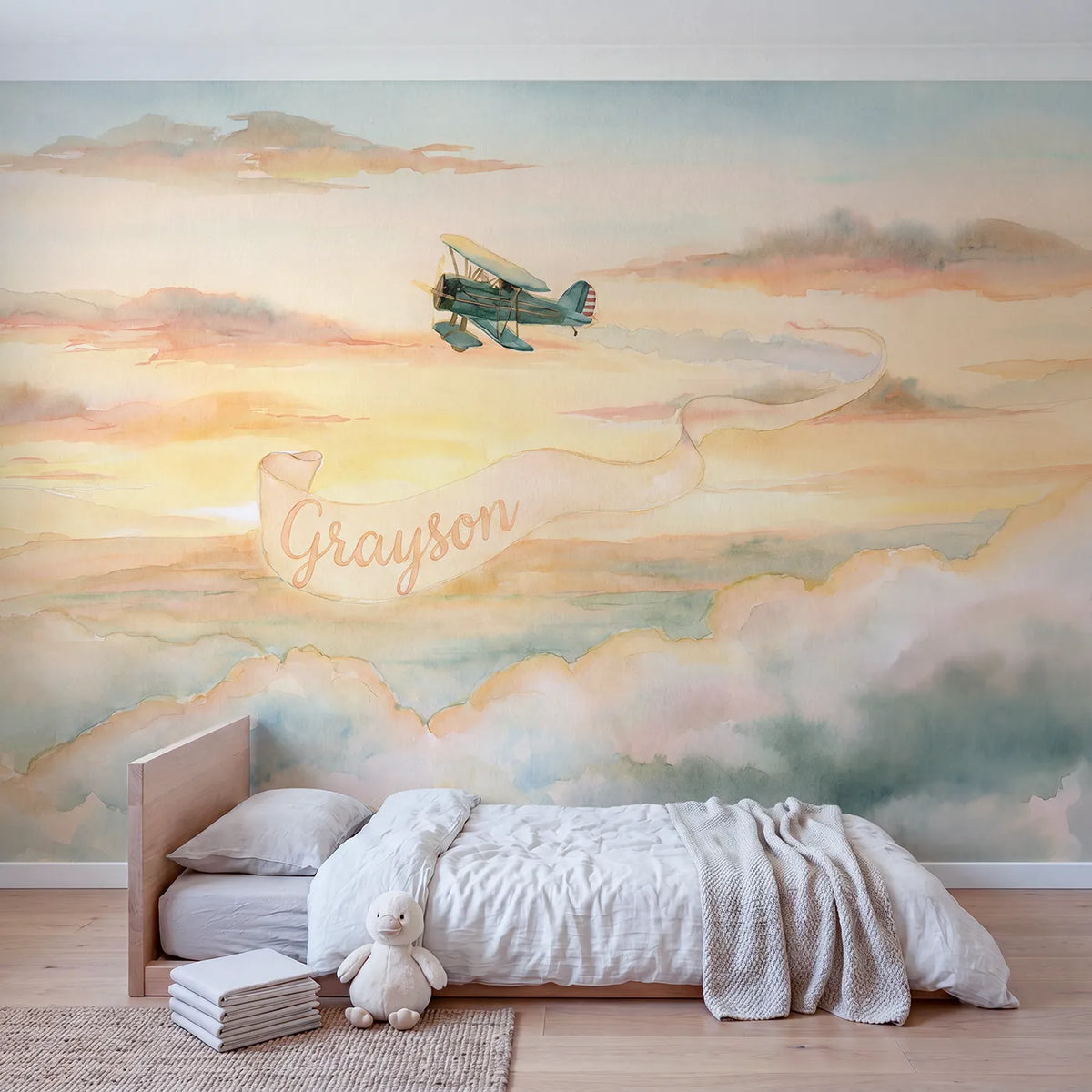 Sunset Plane Banner Personalized Wall Mural in playroom setting by Whimsy Tots