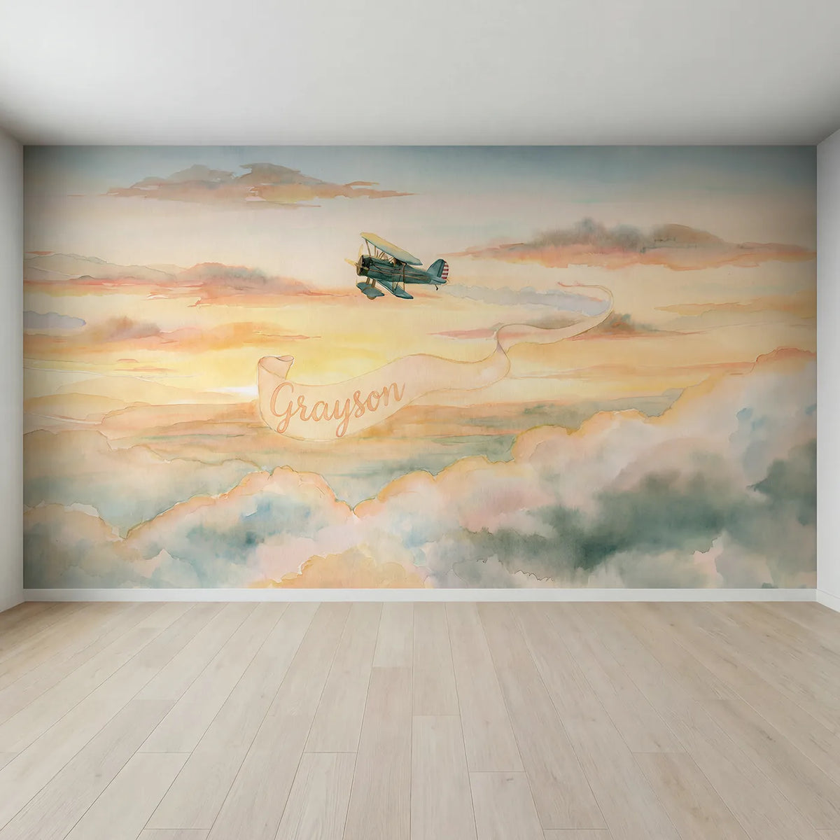 Full view of Sunset Plane Banner Personalized Wall Mural by Whimsy Tots