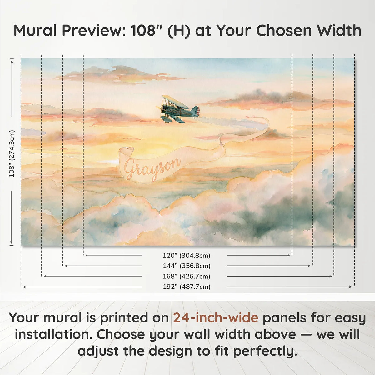 Panel layout and dimensions for Sunset Plane Banner Personalized Wall Mural by Whimsy Tots