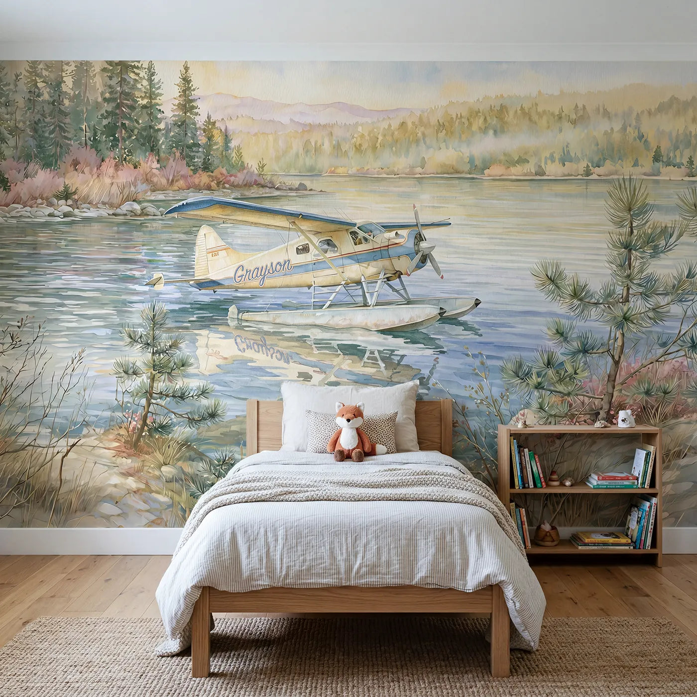 Storybook seaplane on mountain lake personalized wall mural with name for a bedroom by Whimsy Tots